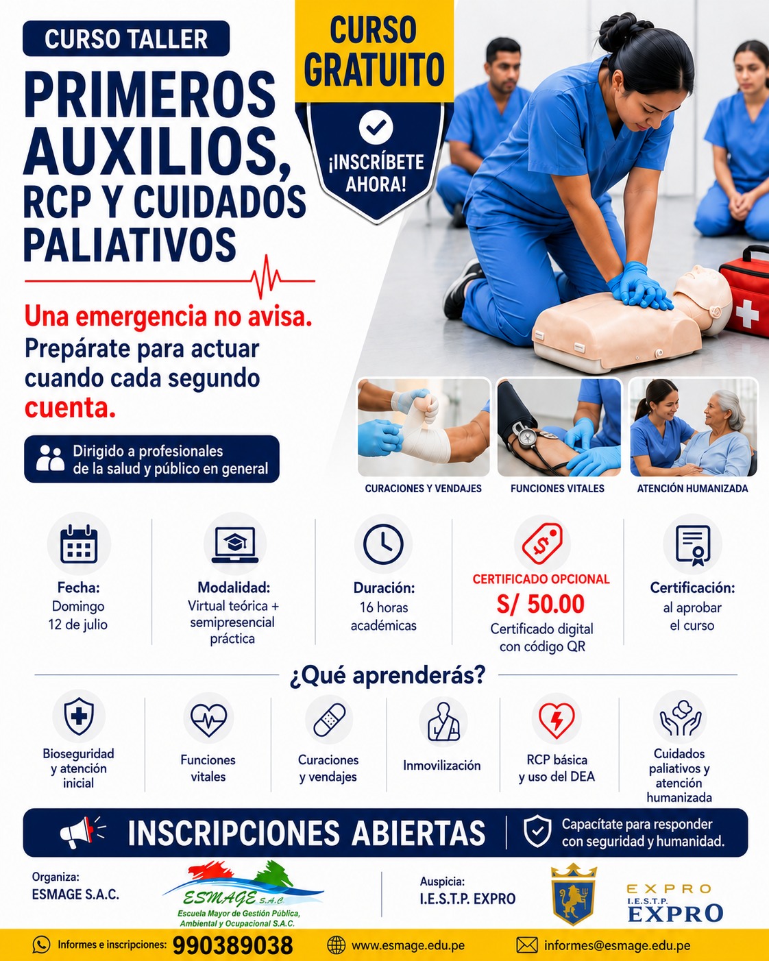 Flyer del curso Primeros Auxilios, RCP y Cuidados Paliativos